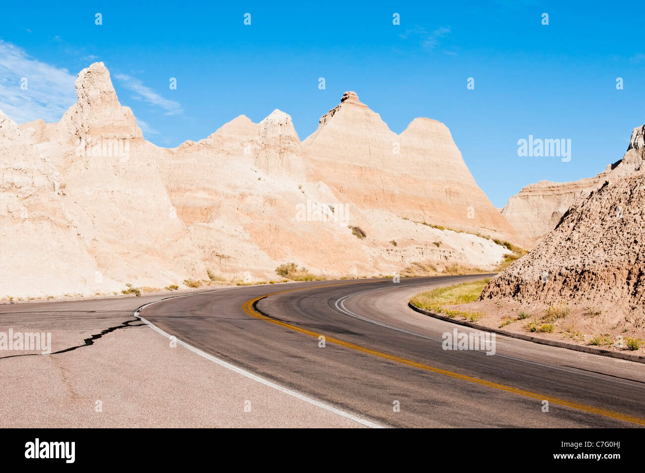 The Badlands Loop Road passes through scenic formations in Badlands National Park in South