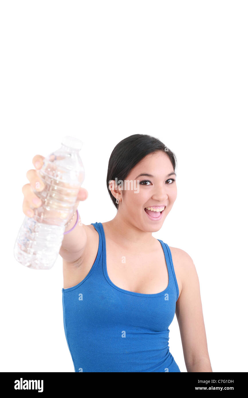 woman in sportswear drinking water, isolated on white Stock Photo