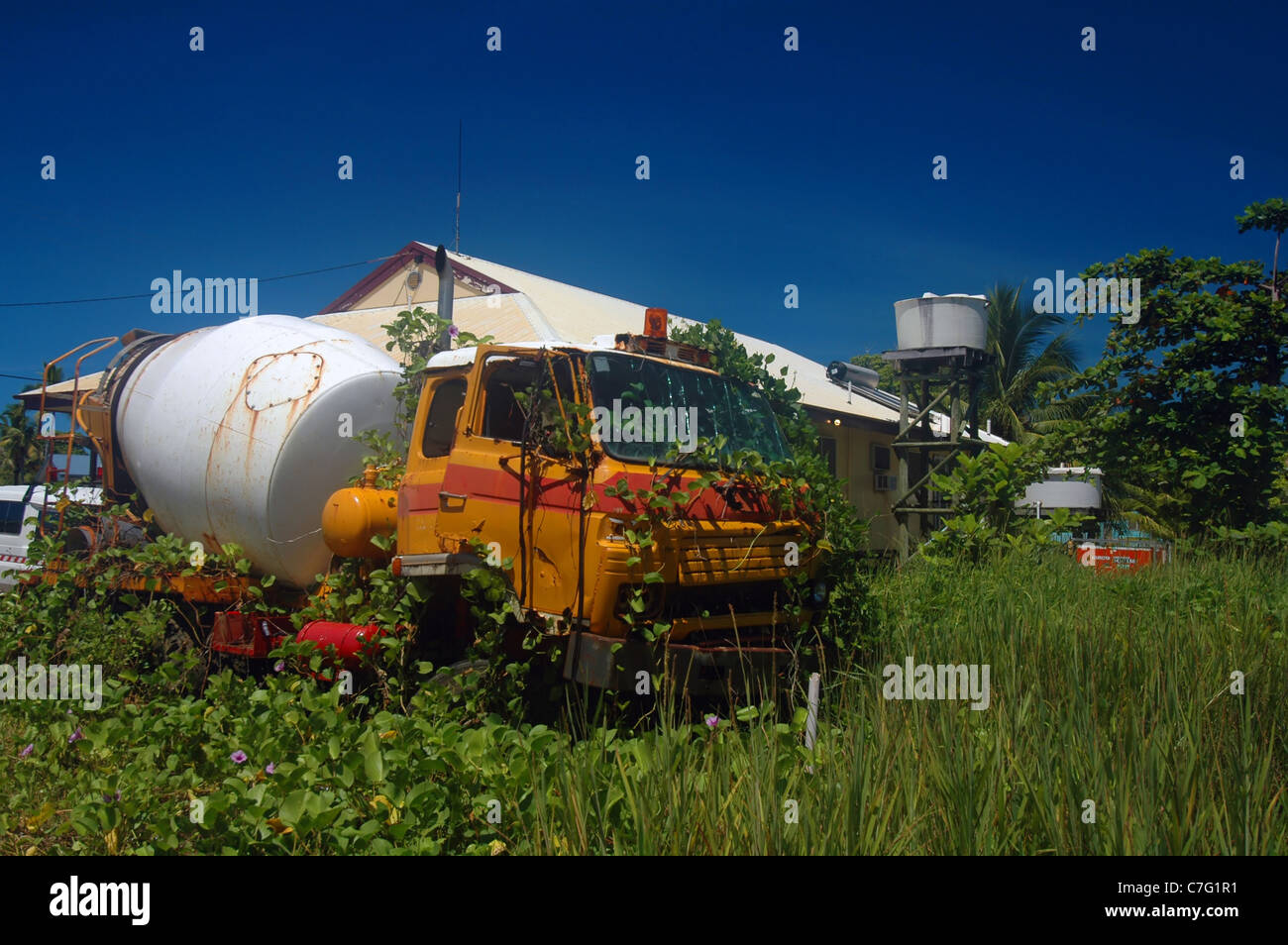 Abandoned cement truck being overgrown by tropical vegetation, Saibai Island, northern Torres Strait, Queensland, Australia Stock Photo