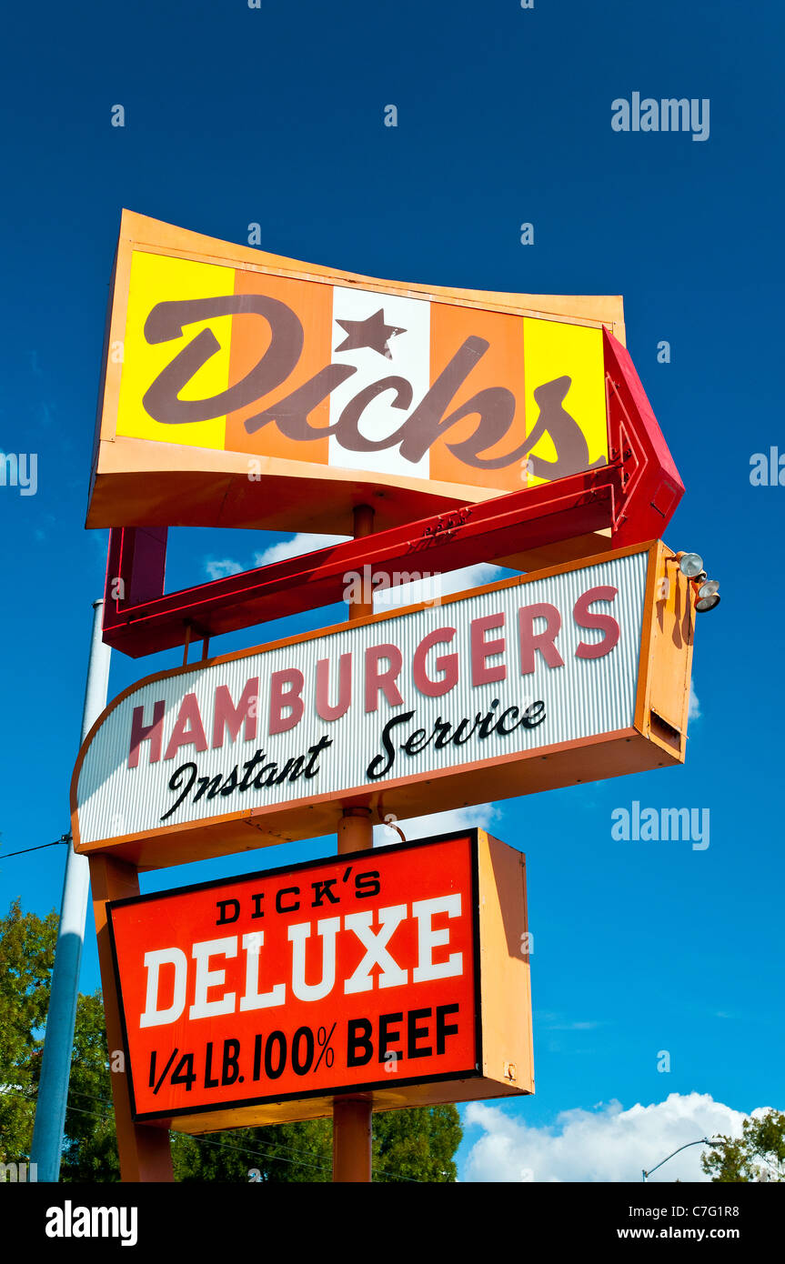 Dick's Hamburgers' vintage Neon Sign, Seattle, Washington, USA Stock Photo