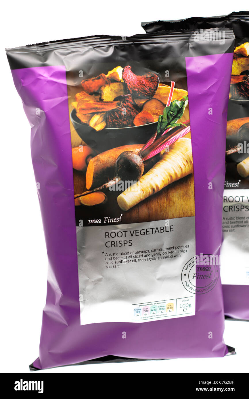 Two large 100g bags of Tesco finest Root vegetable crisps Stock Photo