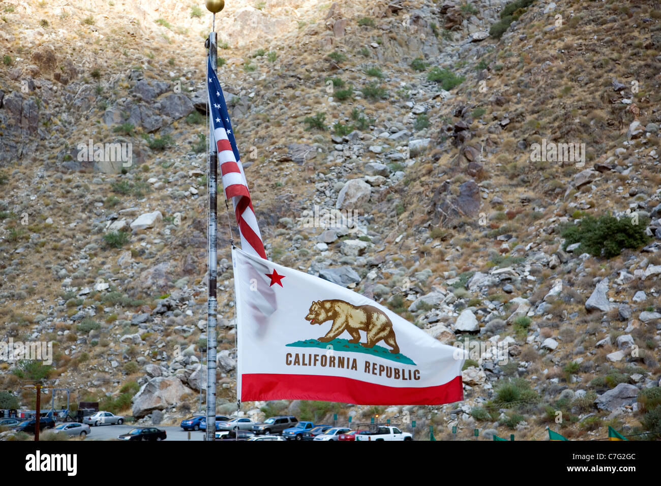 Flags at Aerial Tramway in Palm Springs Stock Photo