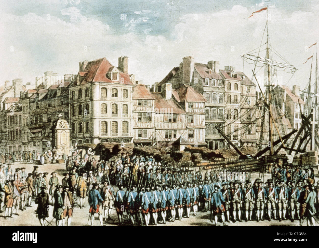 Mercenaries embarking from Hesse to America. 1776. Copperplate. Engraving. Stock Photo