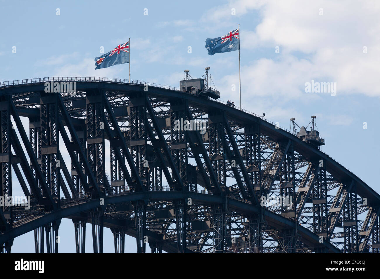 Sydney harbour bridge crest, national flags, Australia Stock Photo Alamy