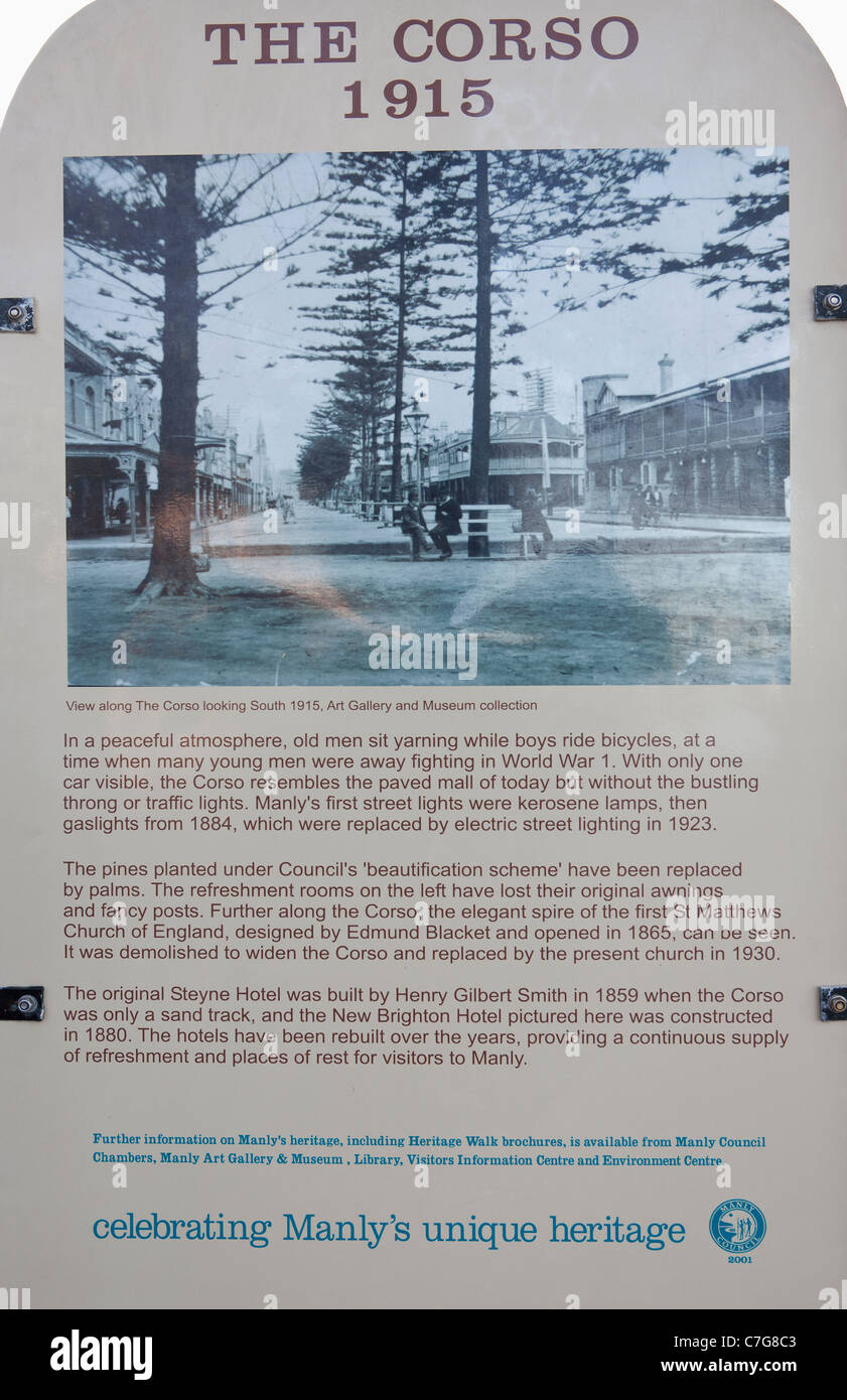 The Corso, Manly history sign, Sydney, Australia Stock Photo Alamy