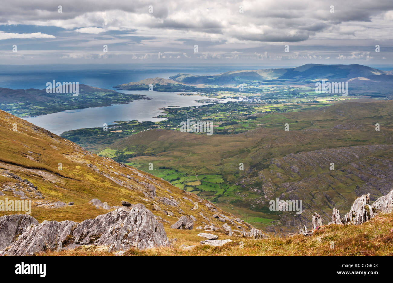 View south-westwards from Hungry Hill, over Castletownbere and Bere Island, Beara, County Cork, Ireland, to the Atlantic Ocean Stock Photo