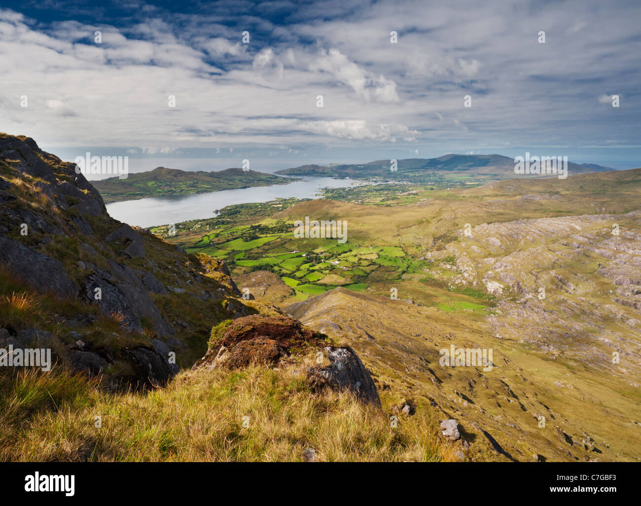 View south-westwards from Hungry Hill, over Castletownbere and Bere Island, Beara, County Cork, Ireland, to the Atlantic Ocean Stock Photo