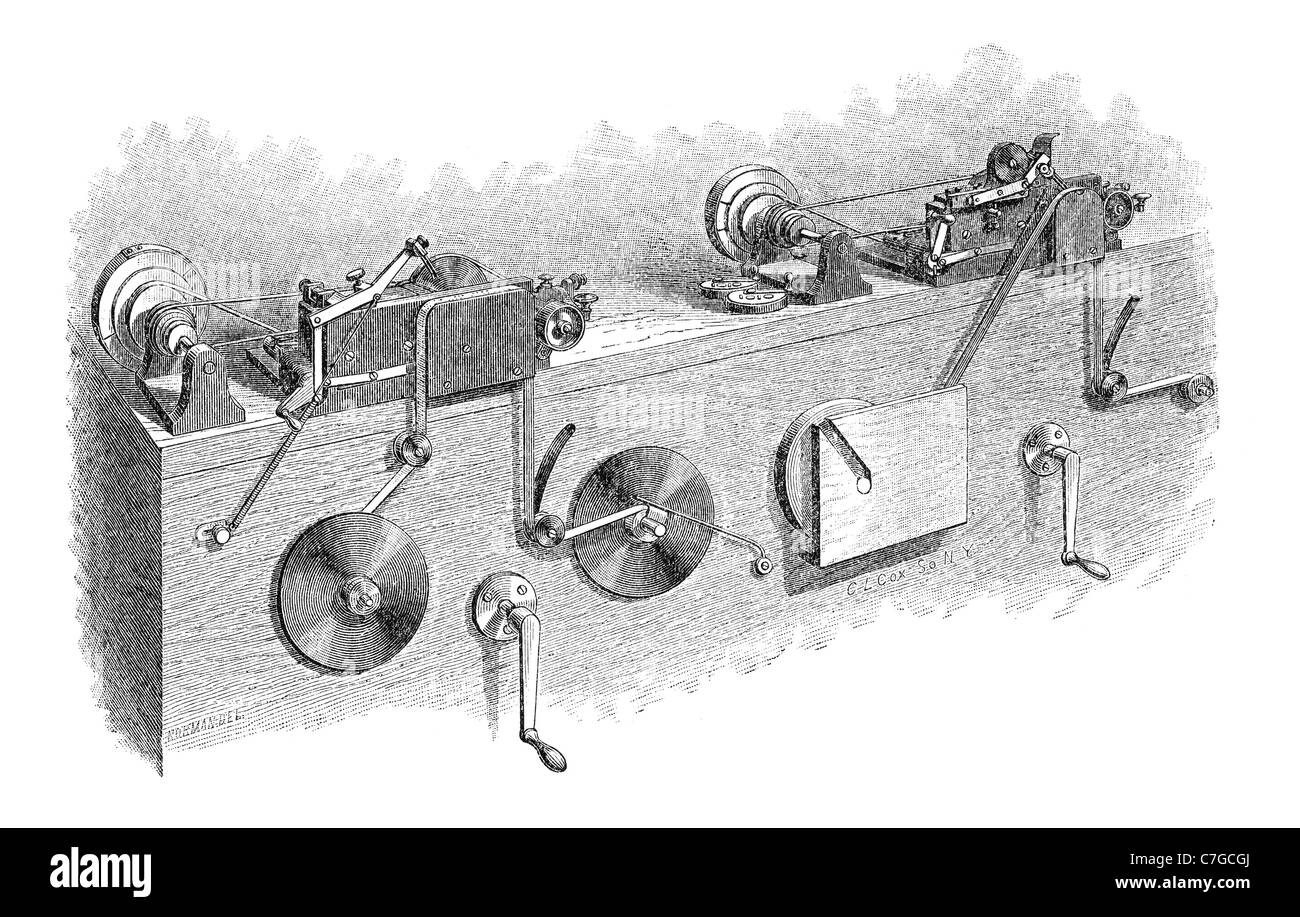 Transmitter and receiver of the Rapid Telegraph. Illustration from a 1881 magazine. Stock Photo
