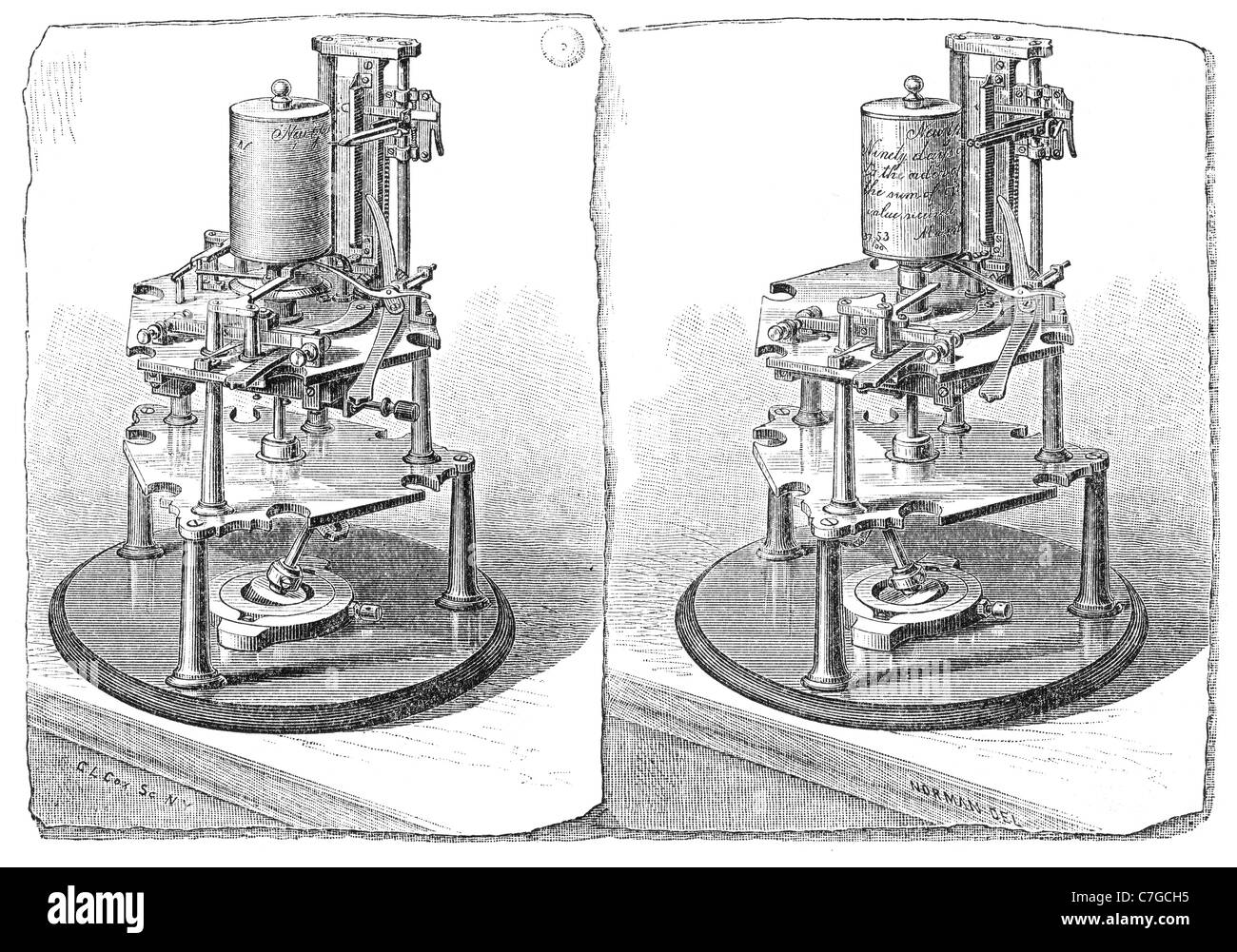 Receiver and Transmitter of the Cassell Autographic Telegraph. Illustration from a 1881 magazine. Stock Photo