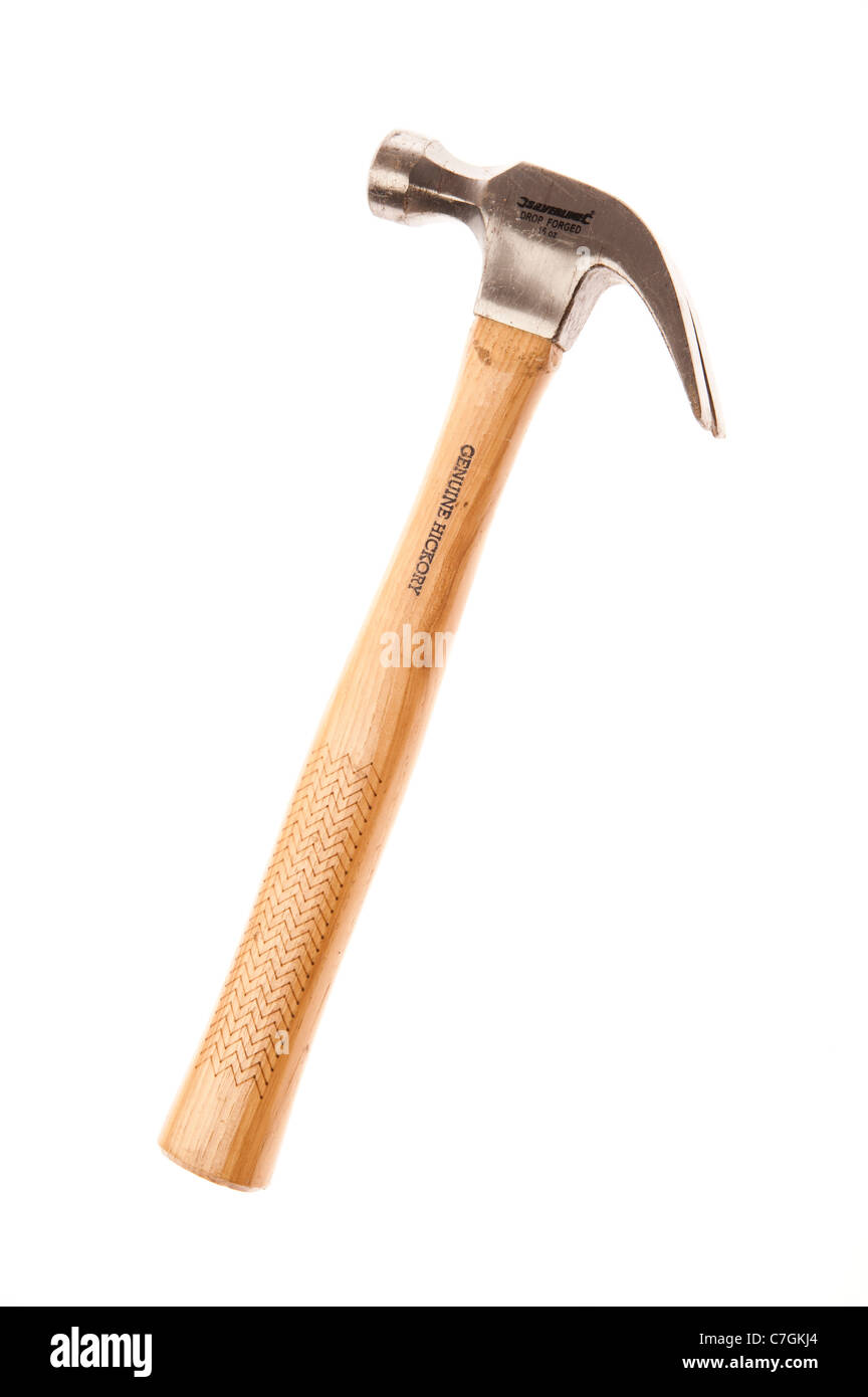 a wooden handled drop forged claw hammer on white background Stock Photo