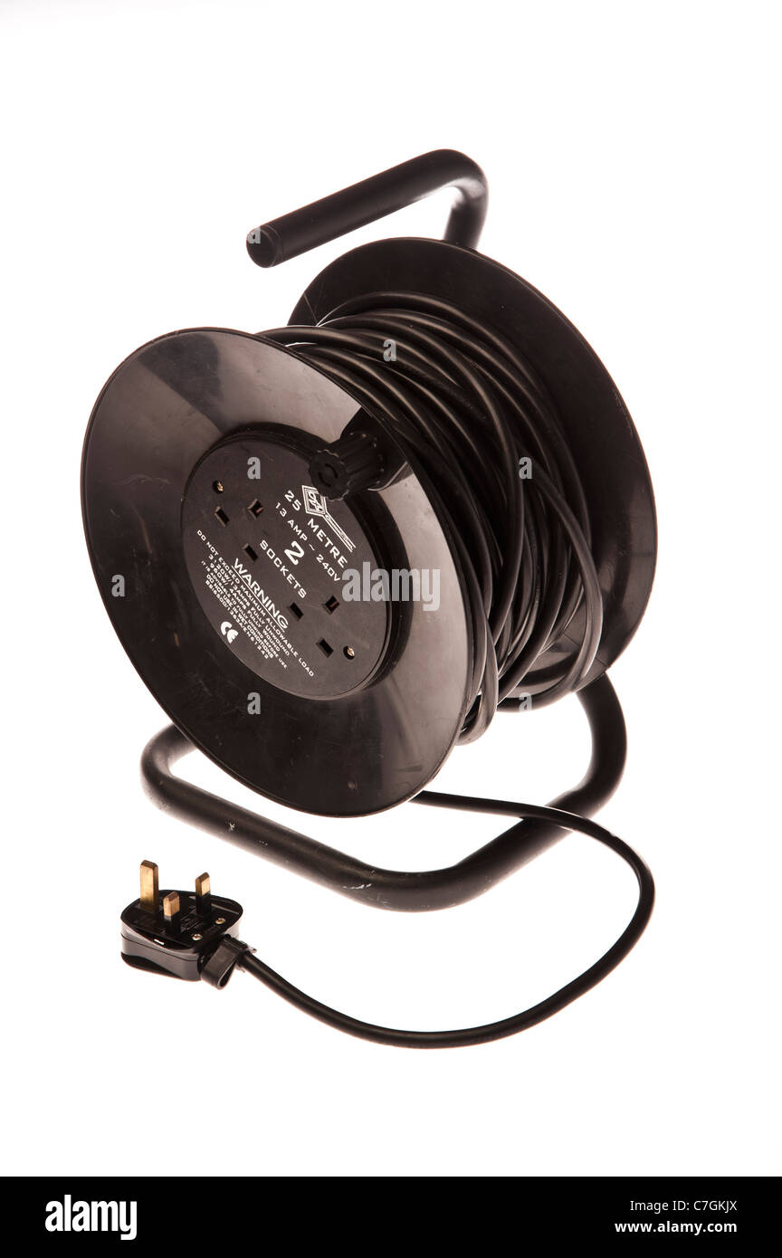 a black 25 metre 13 amp 240 volt extension lead power cord Stock Photo