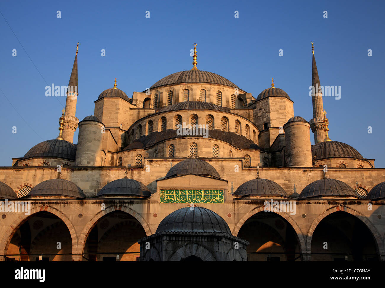 Partial view of the Blue Mosque (Sultanahmet Camii) with 2 of its 6 minarets, Istanbul, Turkey. Stock Photo