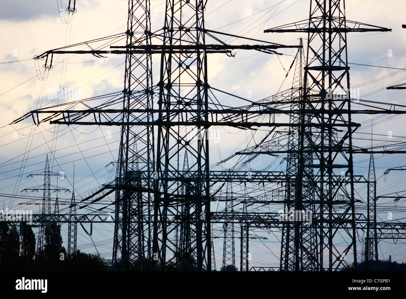 High tension power lines. Energy supply Stock Photo Alamy