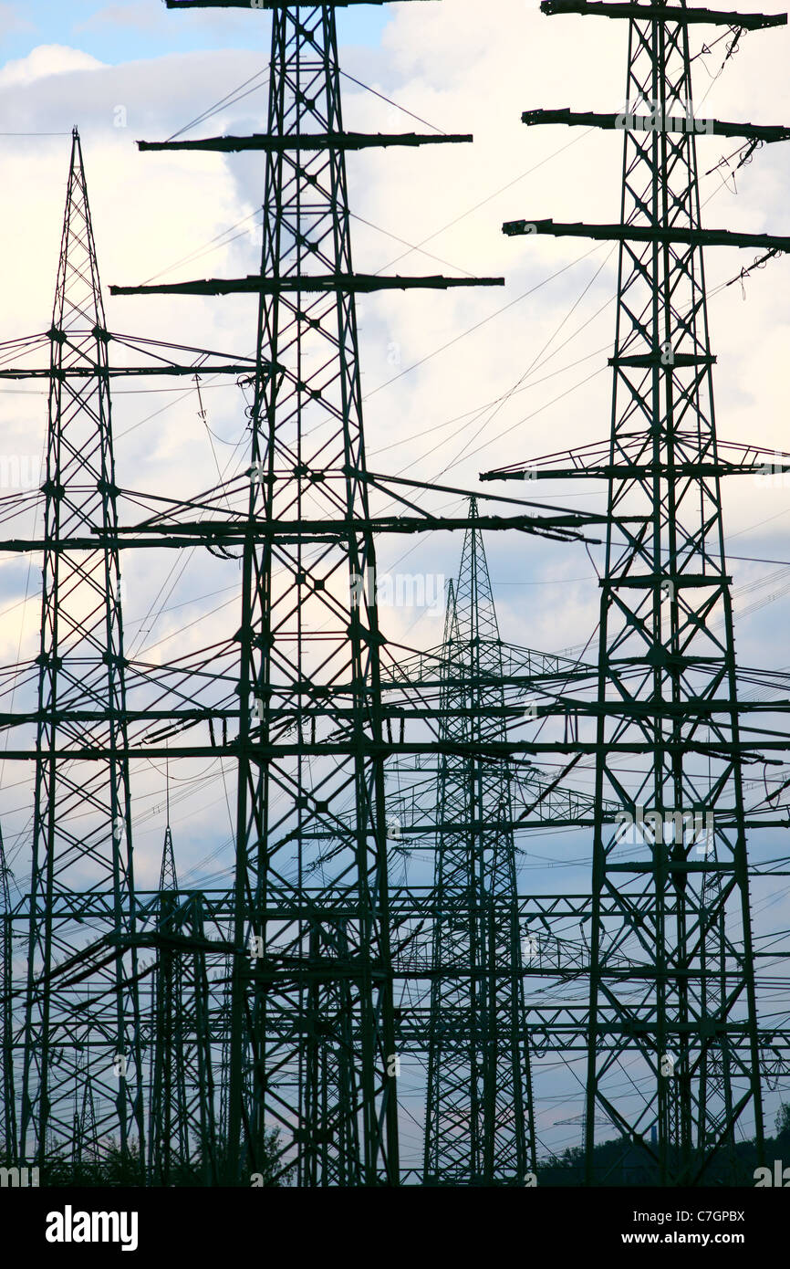 High tension power lines. Energy supply Stock Photo Alamy