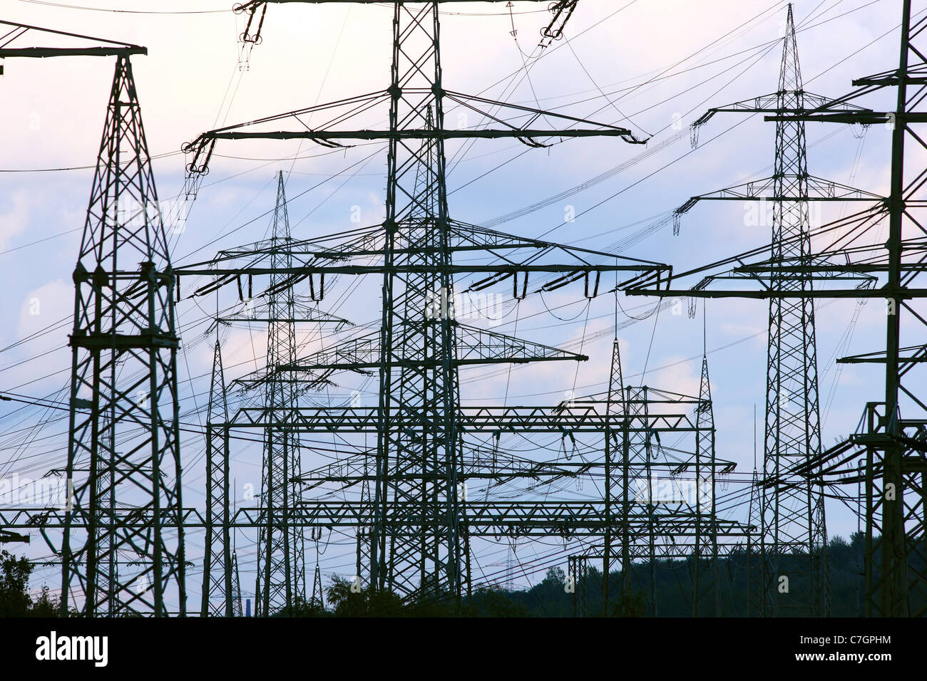 High tension power lines. Energy supply Stock Photo Alamy