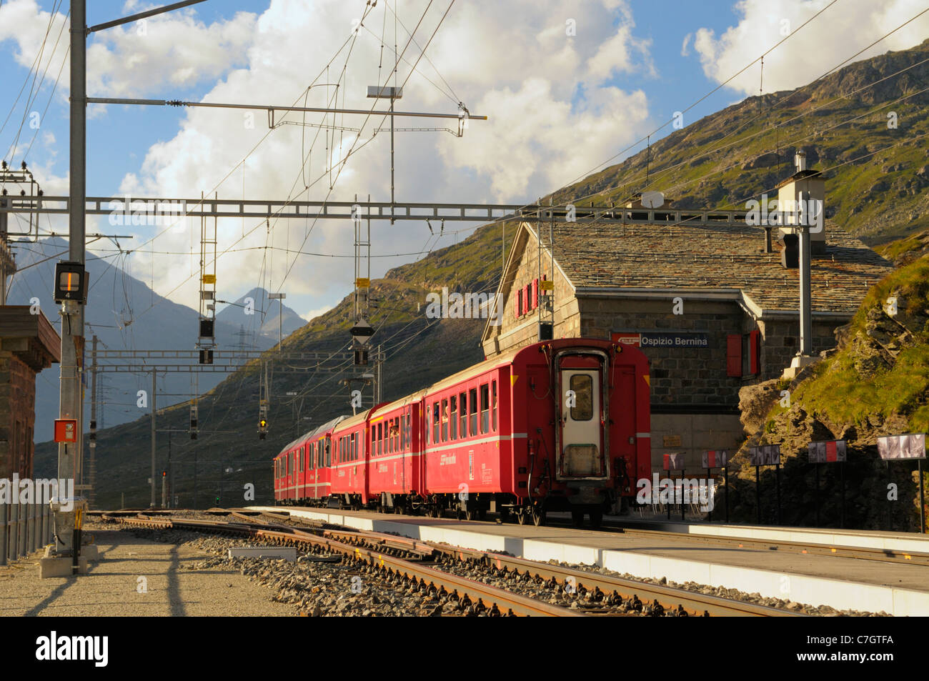 Train of Rhätische Bahn at Ospizio Bernina railway station on the