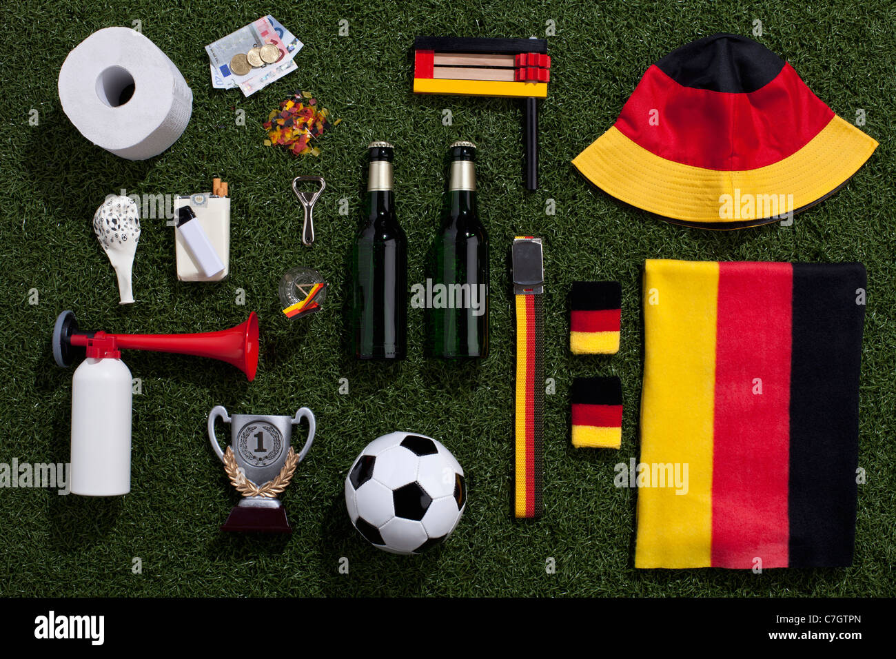 Sporting equipment and accessories arranged on turf Stock Photo