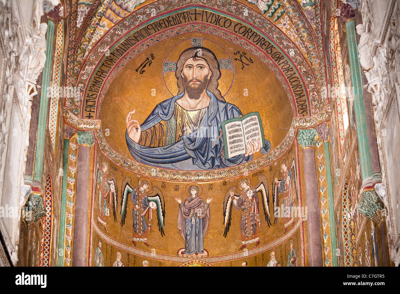 Byzantine mosaic of Christ on the ceiling of Cefalu Cathedral, Piazza Duomo, Cefalu, Sicily, Italy Stock Photo