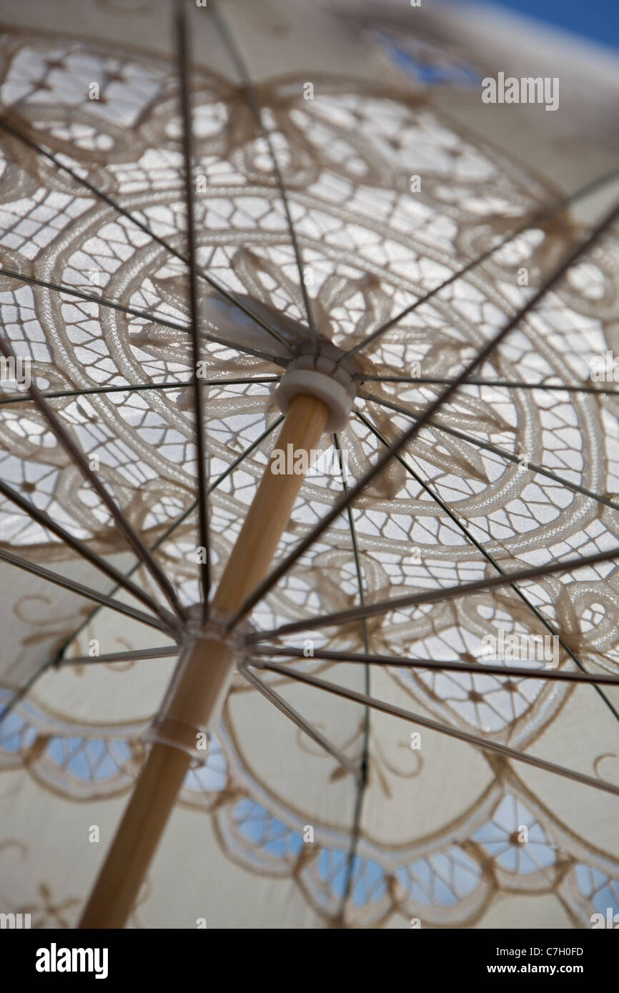 A lace parasol, low angle view, close-up, full frame Stock Photo