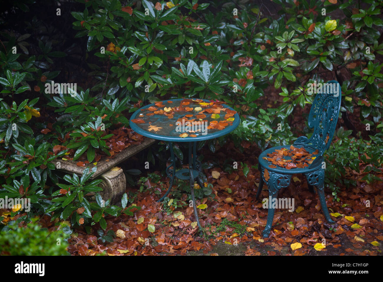 Detail of furniture in a garden in autumn Stock Photo