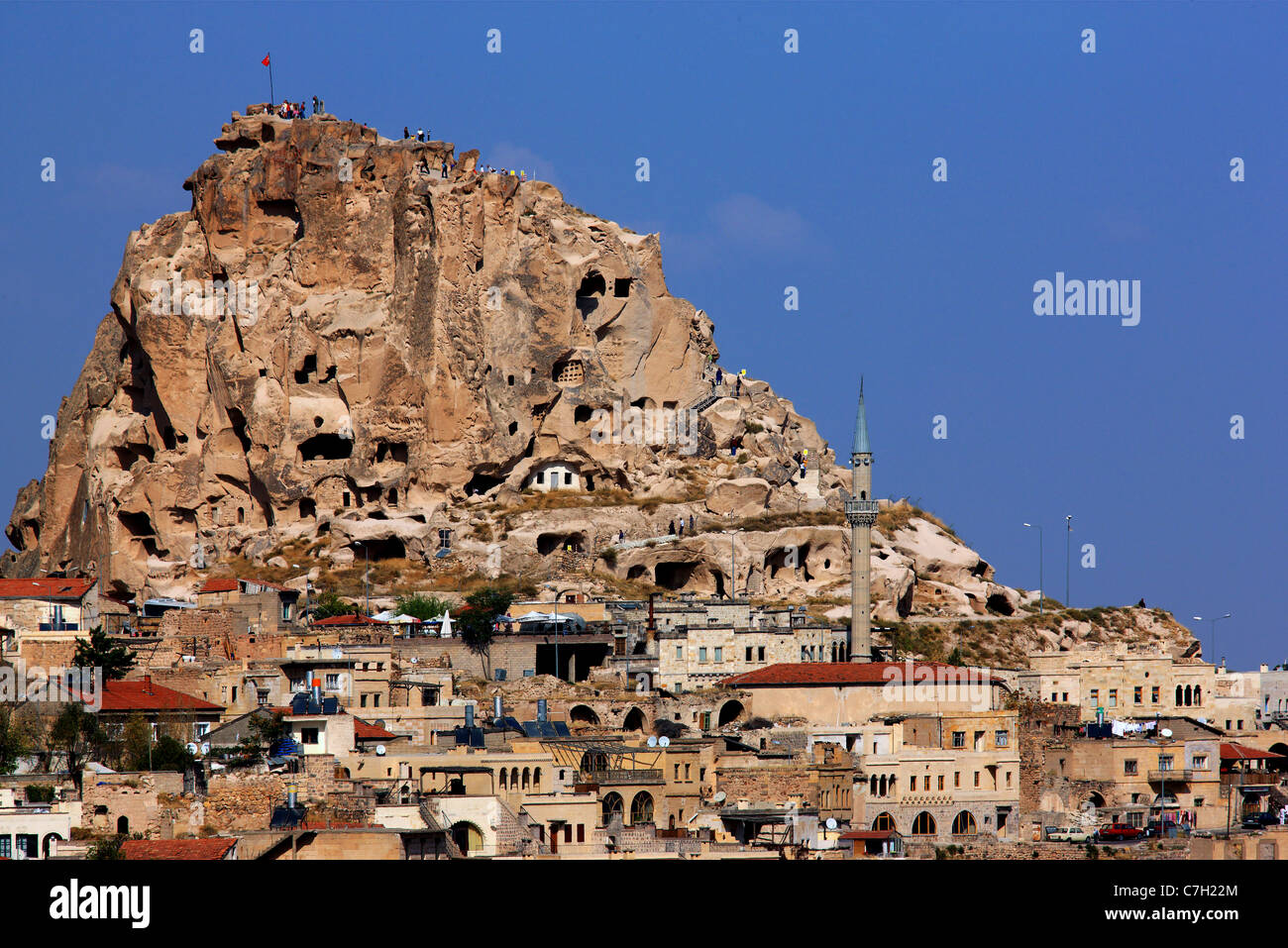 The higher part of beautiful Uchisar village with its spectacular, natural rocky castle . Nevsehir, Cappadocia, Turkey Stock Photo