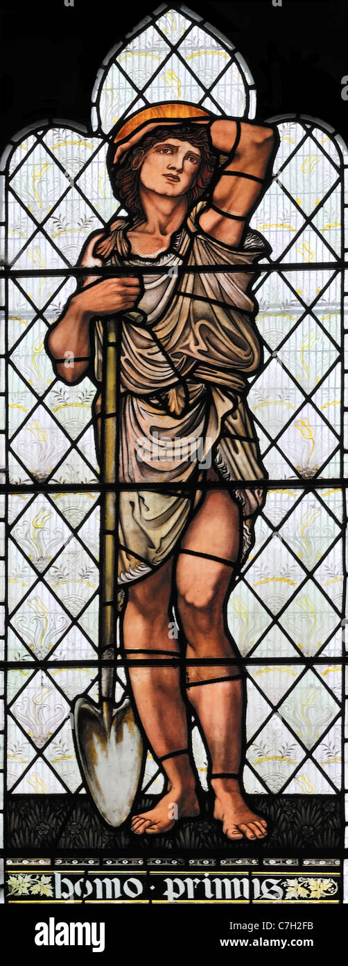 Stained glass window depicting Adam, Brampton Church, Cumbria, England Stock Photo