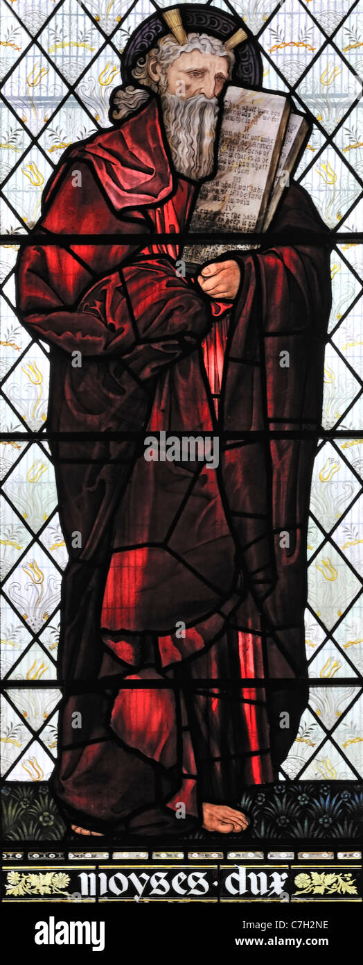 Stained glass window depicting Moses the Prophet, Brampton Church, Cumbria, England Stock Photo
