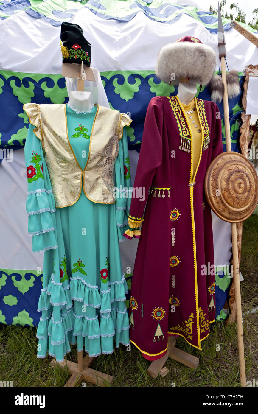 Tatar and Bashkir traditional clothing at the traditional house Stock Photo