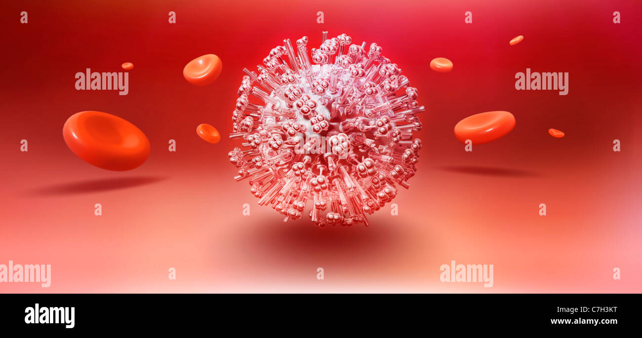Influenza virus particle surrounded by floating red blood cells Stock Photo