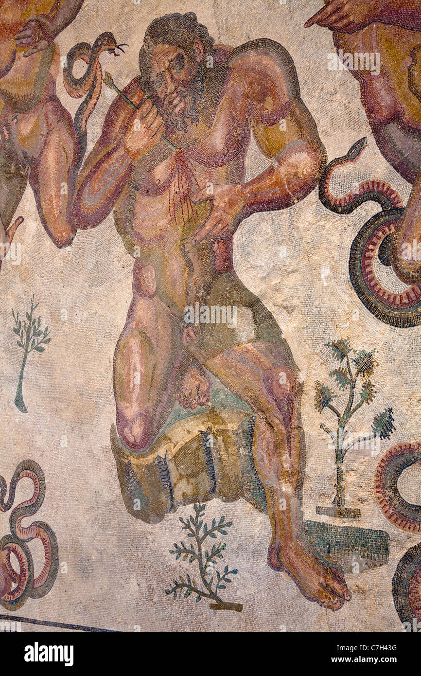 Mosaic in the Triclinium, dining room, Villa Romana del Casale, Piazza Armerina, Sicily, Italy Stock Photo