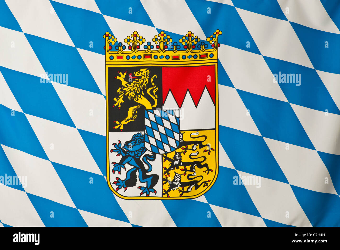 Bavaria flag, white and blue lozenges with Bavarian coat of arms Stock Photo