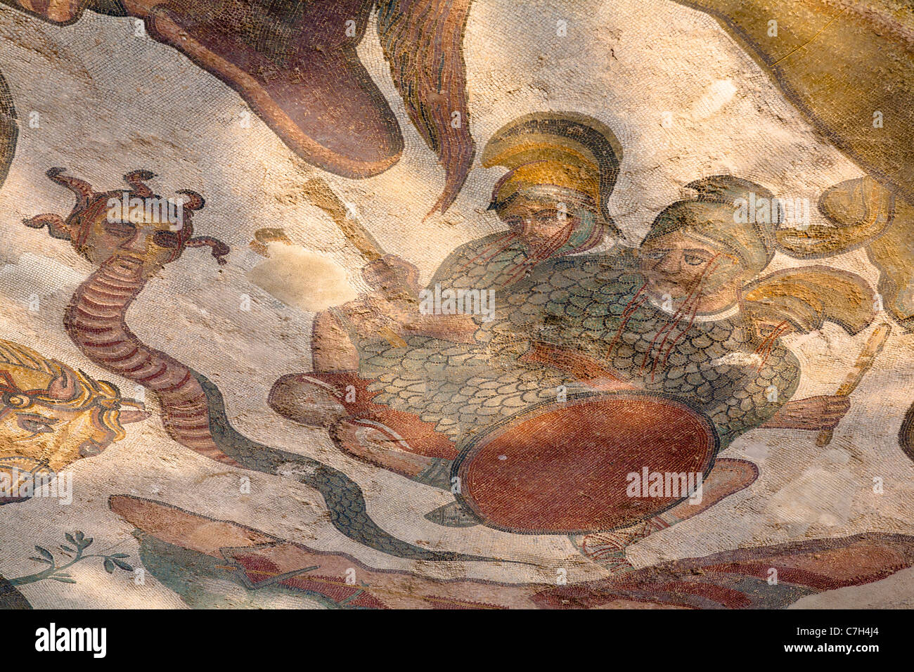 Medusa, part of Labours of Hercules mosaic in Triclinium, dining room, Villa Romana del Casale, Piazza Armerina, Sicily, Italy Stock Photo