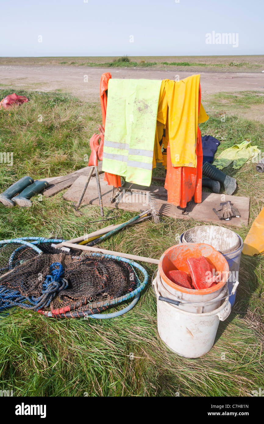 Cockling equipment used by cocklers exploiting the shell fish on the Ribble estuary near Southport, Lancashire, UK. Stock Photo
