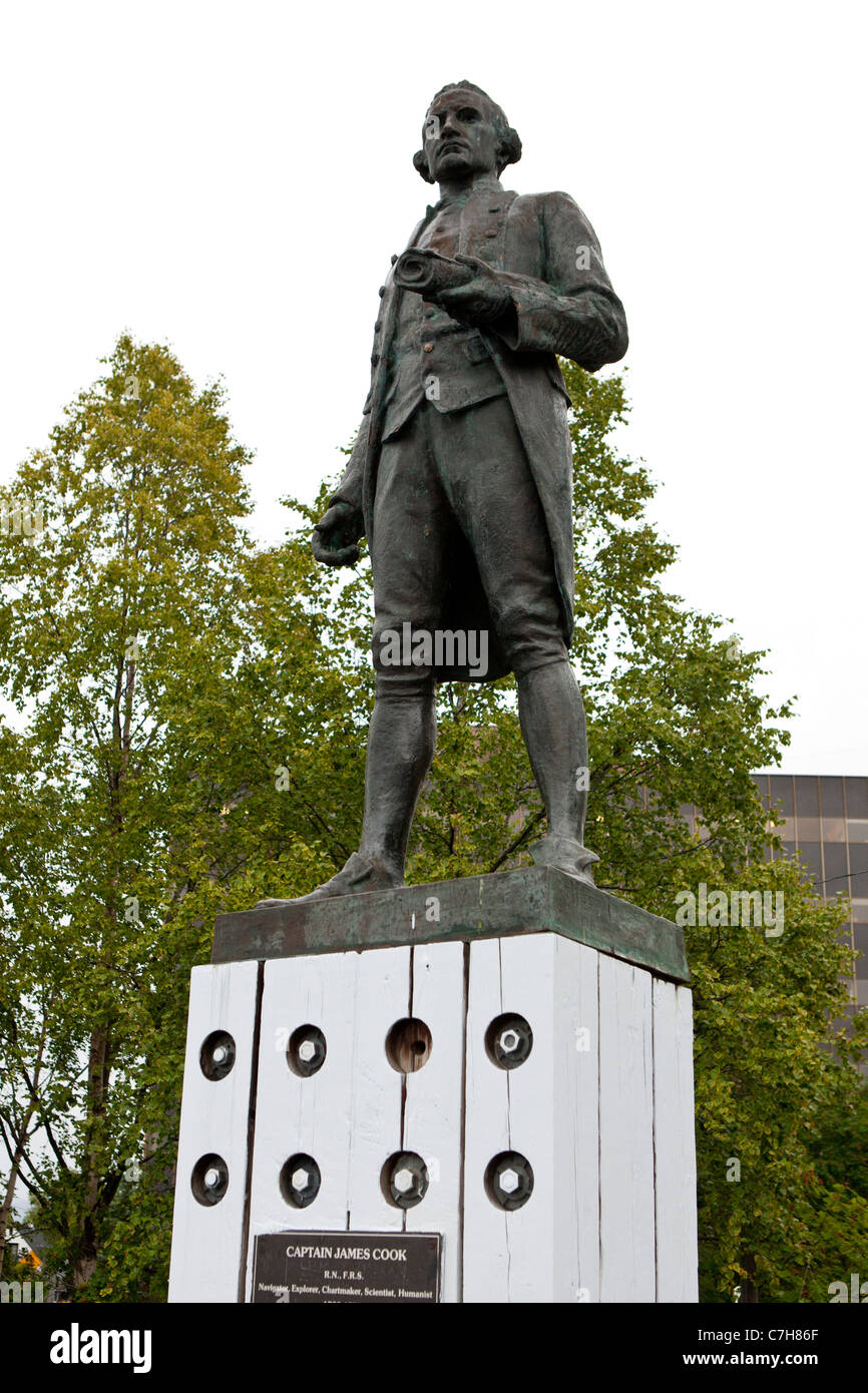 Statue of Captain James Cook commemorating the exploration of Cook Inlet, Anchorage, Alaska, United States of America Stock Photo
