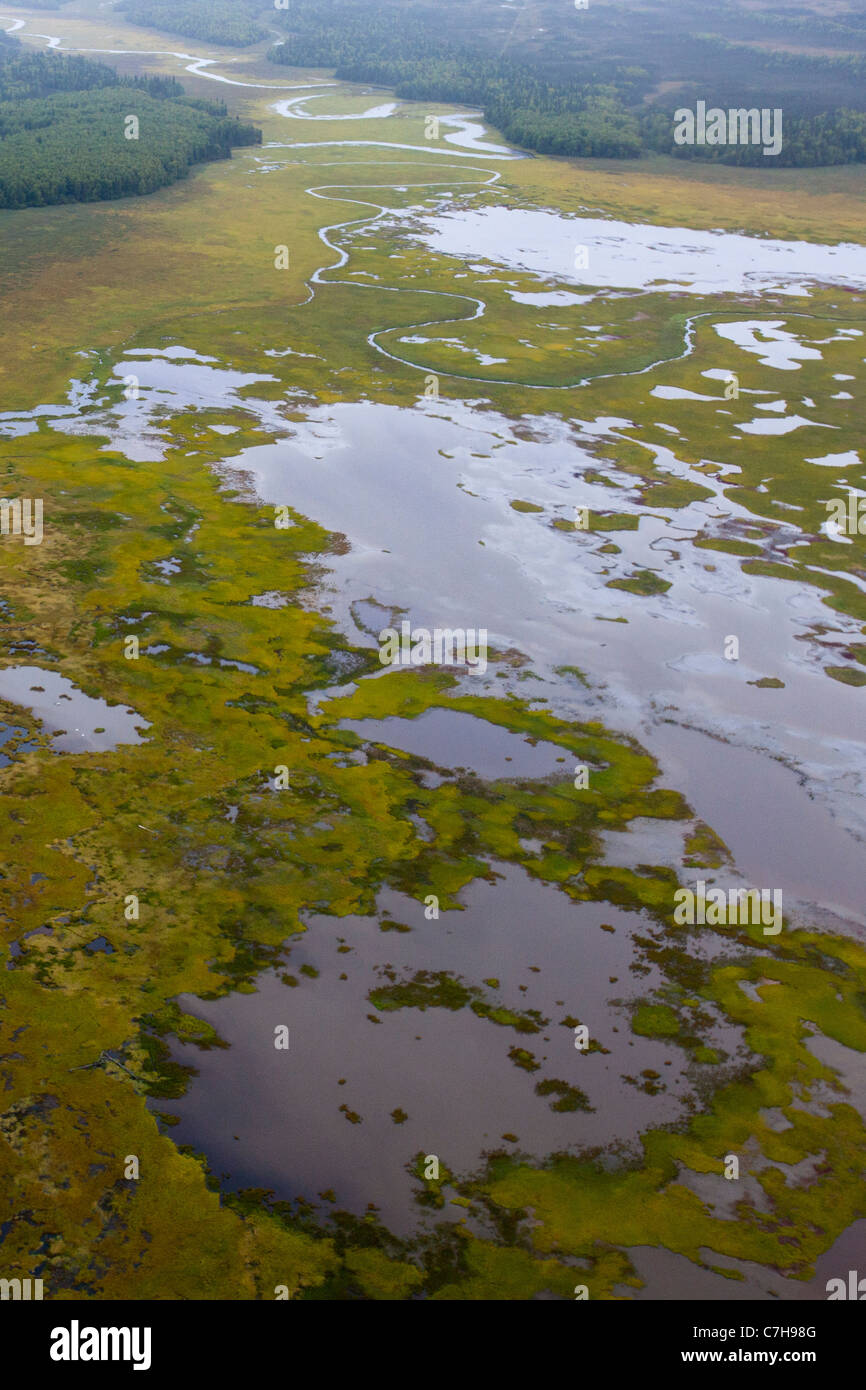 Aerial view of marsh lands of Cook Inlet between Anchorage and Lake Clark National Park, Alaska, United States of America Stock Photo