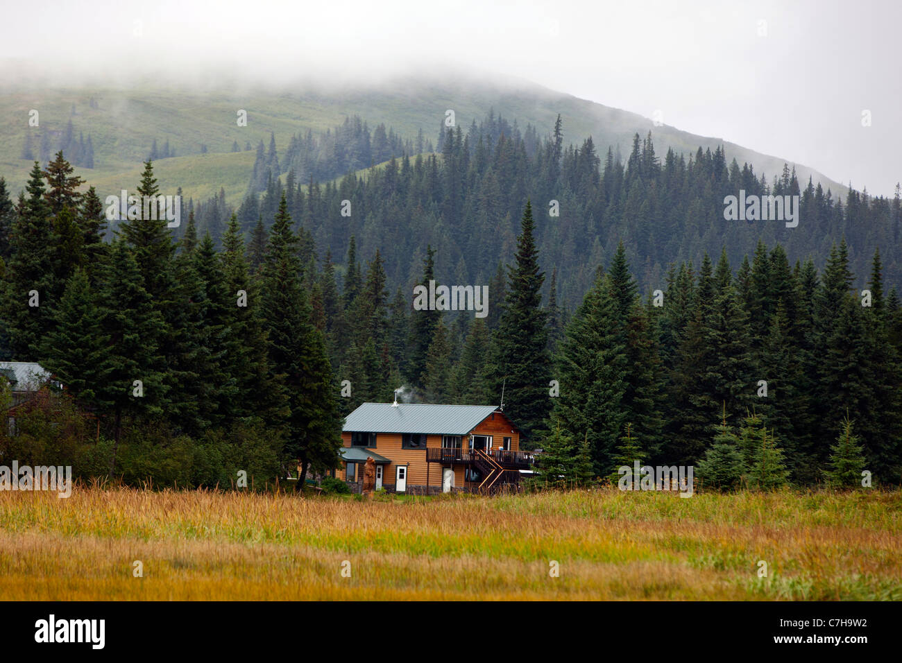 Silver Salmon Creek Lodge with mountains in the background, Lake Clark