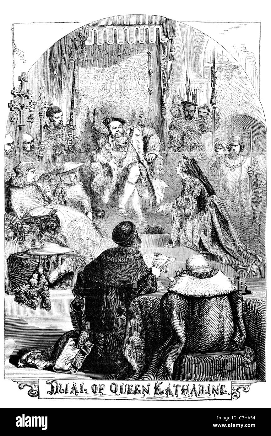 Trial of queen Katherine King Henry VIII royal king regal punishment court crown state marriage Divorce Stock Photo