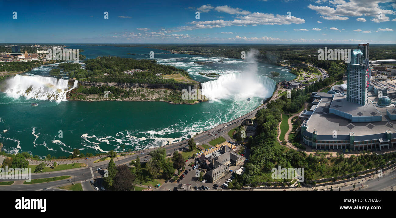 Panoramic aerial view on Niagara Falls from Canada side with American Falls on the left and Canadian Horseshoe on the right Stock Photo