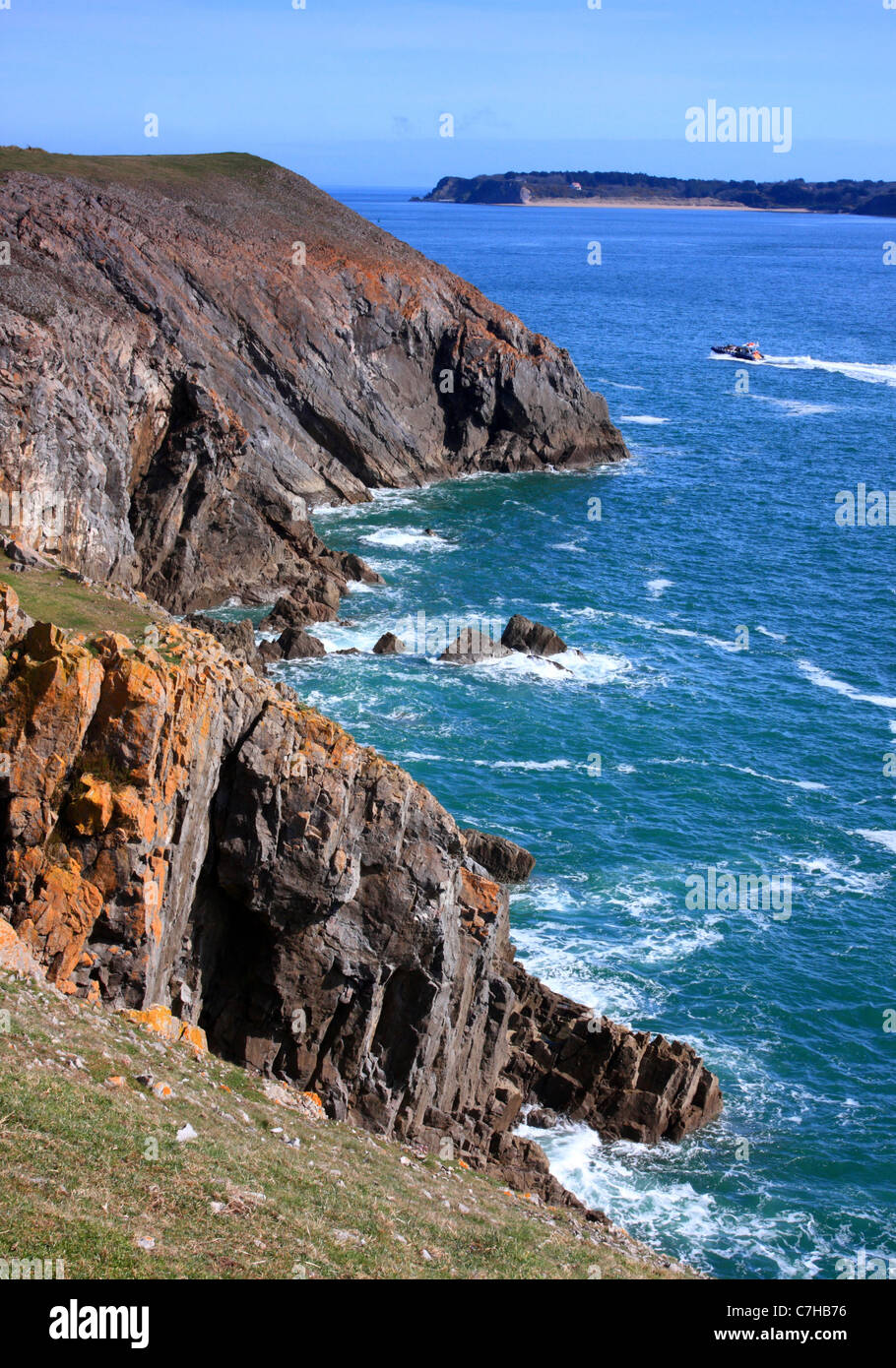 The Coastline near Penally looking across to Caldey Island, Pembrokeshire, Wales Stock Photo