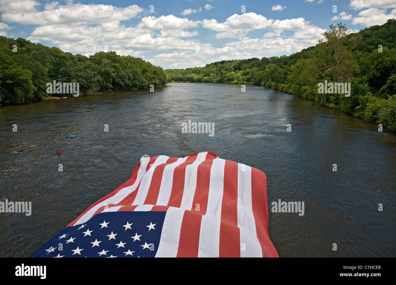 Draped American flag over the Delaware River Stock Photo Alamy