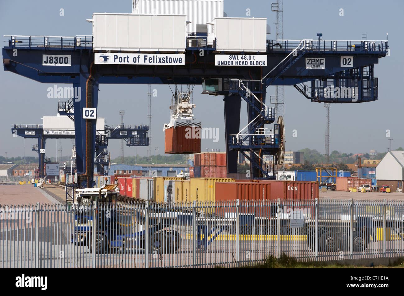 Rail freight container terminal (south) port of Felixstowe, Suffolk, UK. Stock Photo