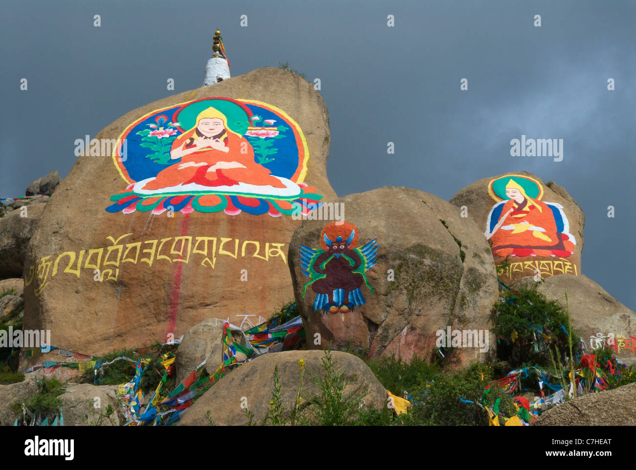 Drepung rock paintings Tsongkhapa Stock Photo