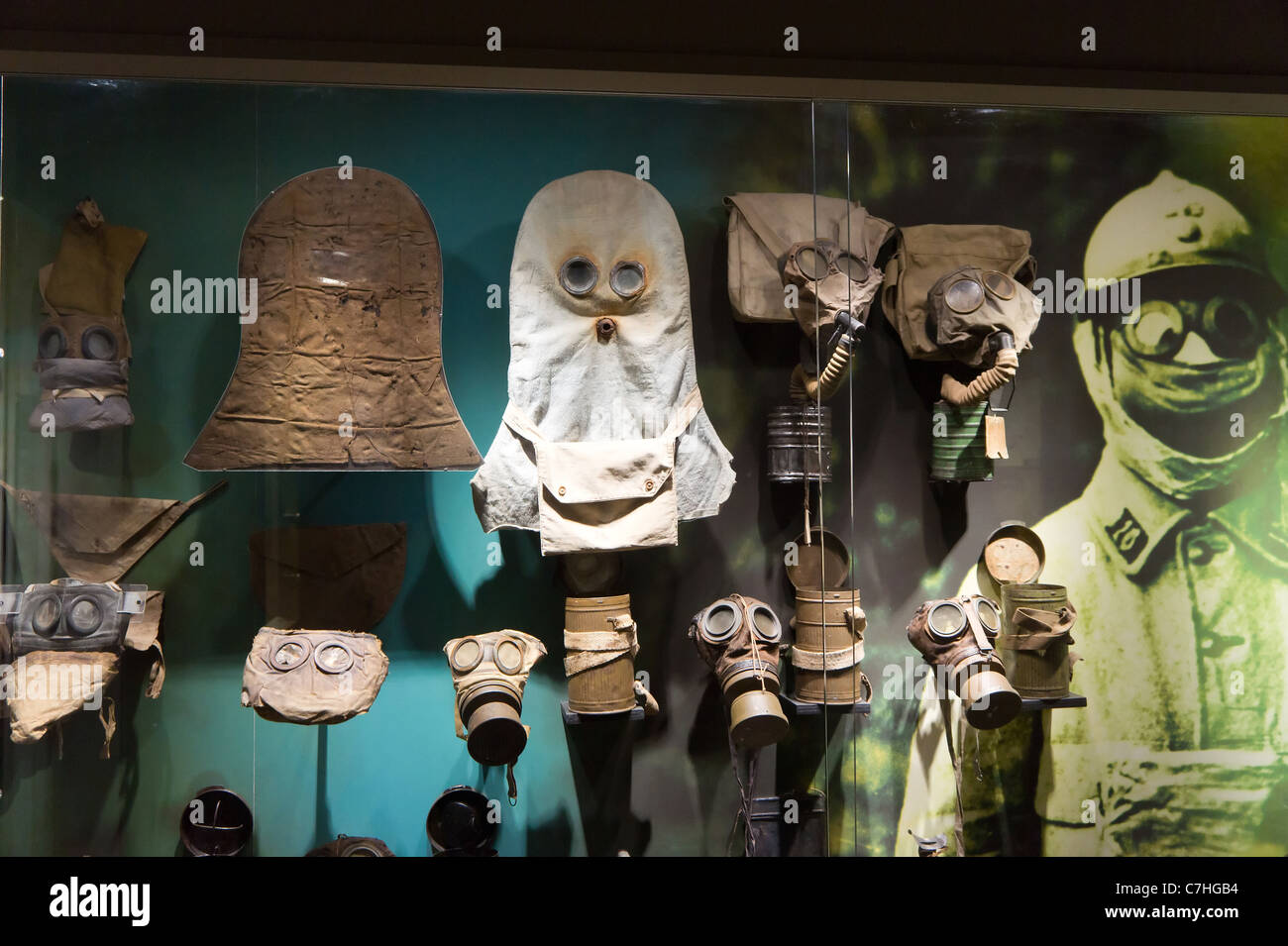 A selection of World War One gas masks, at the Passendale museum, Belgium. Stock Photo