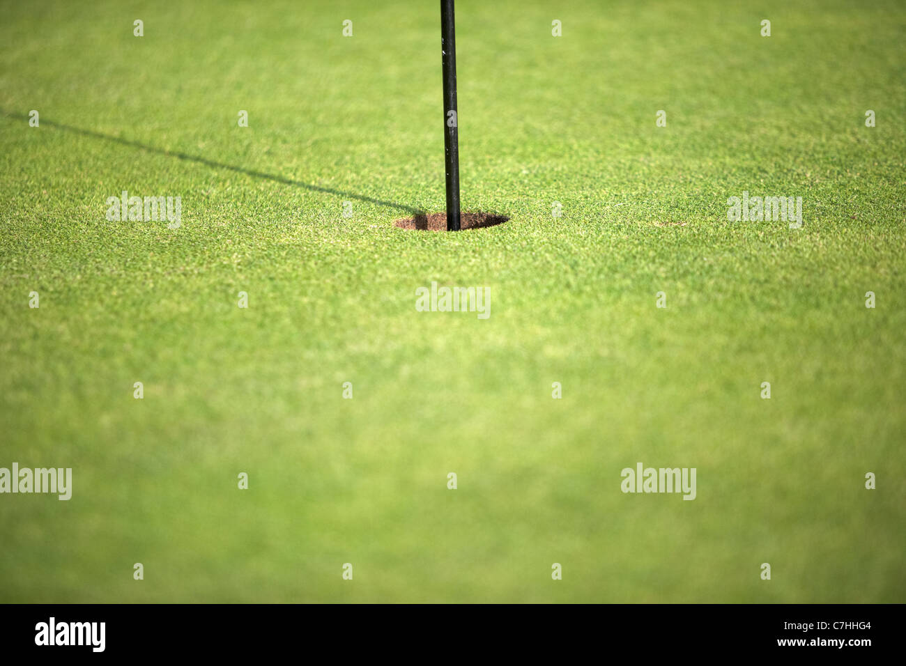 hole and pole on green on a golf course Stock Photo