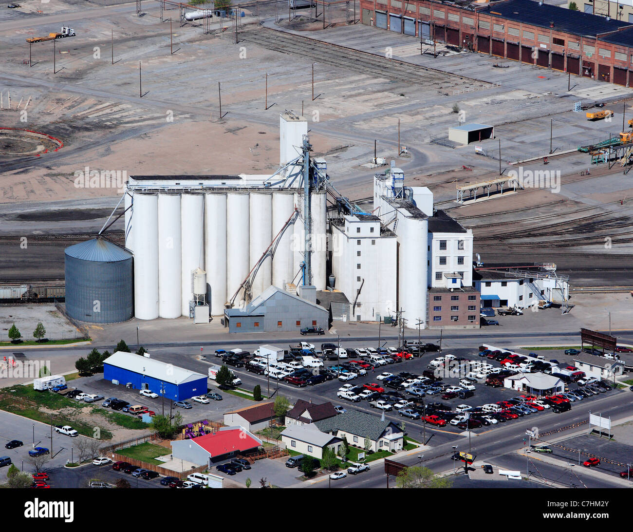 An aerial view of grain elevators Stock Photo