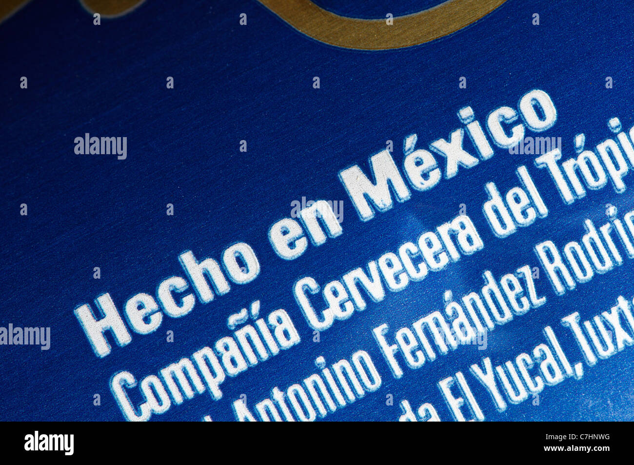 Hecho en Mexico - made in Mexico - label on a can of Montejo beer. Stock Photo