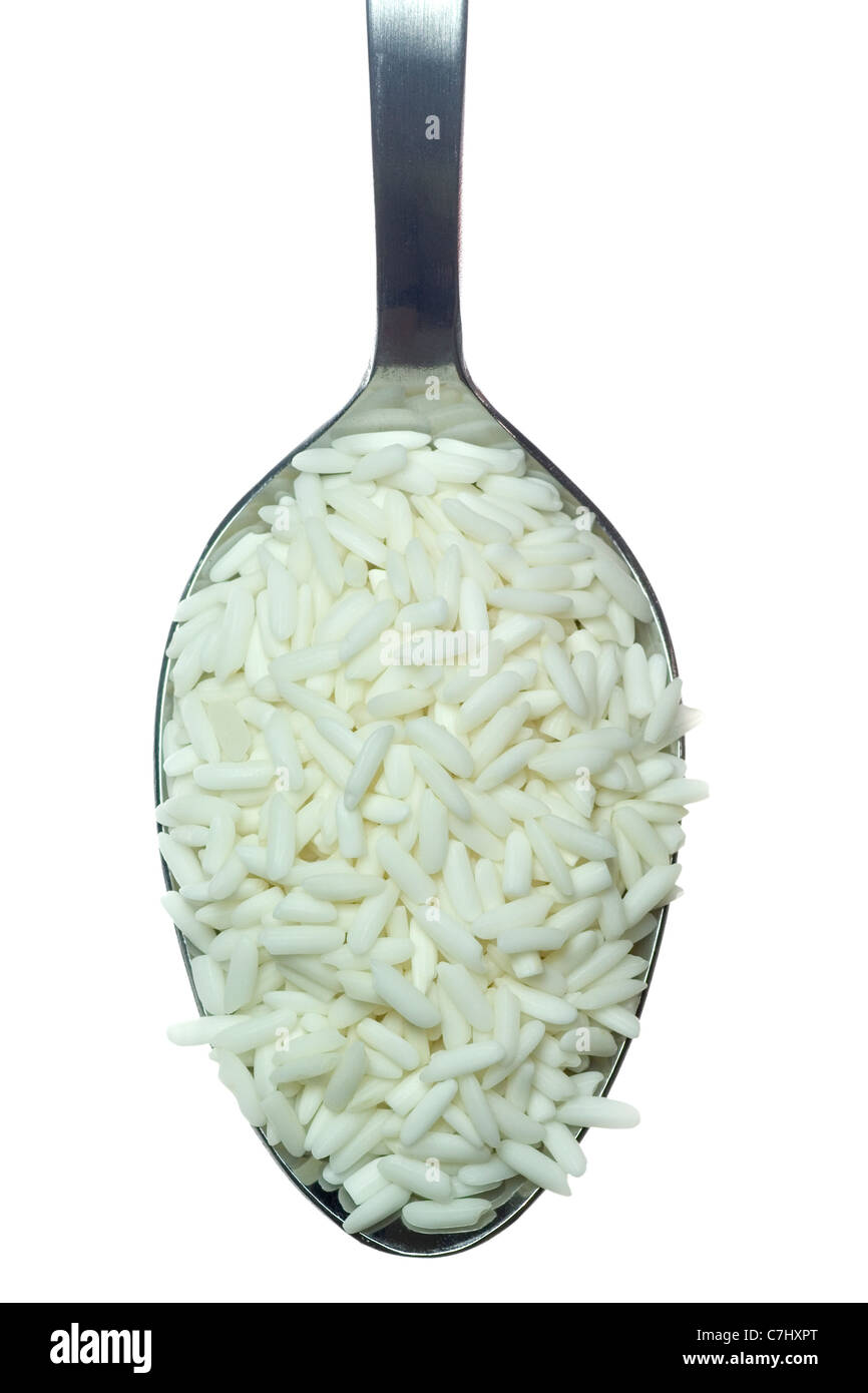 Spoonful of glutinous rice isolated on white background Stock Photo