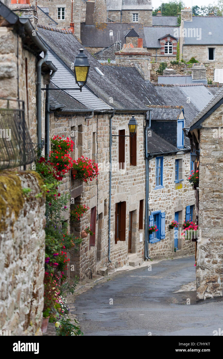 Hilly street at Moncontour, Brittany, France Stock Photo