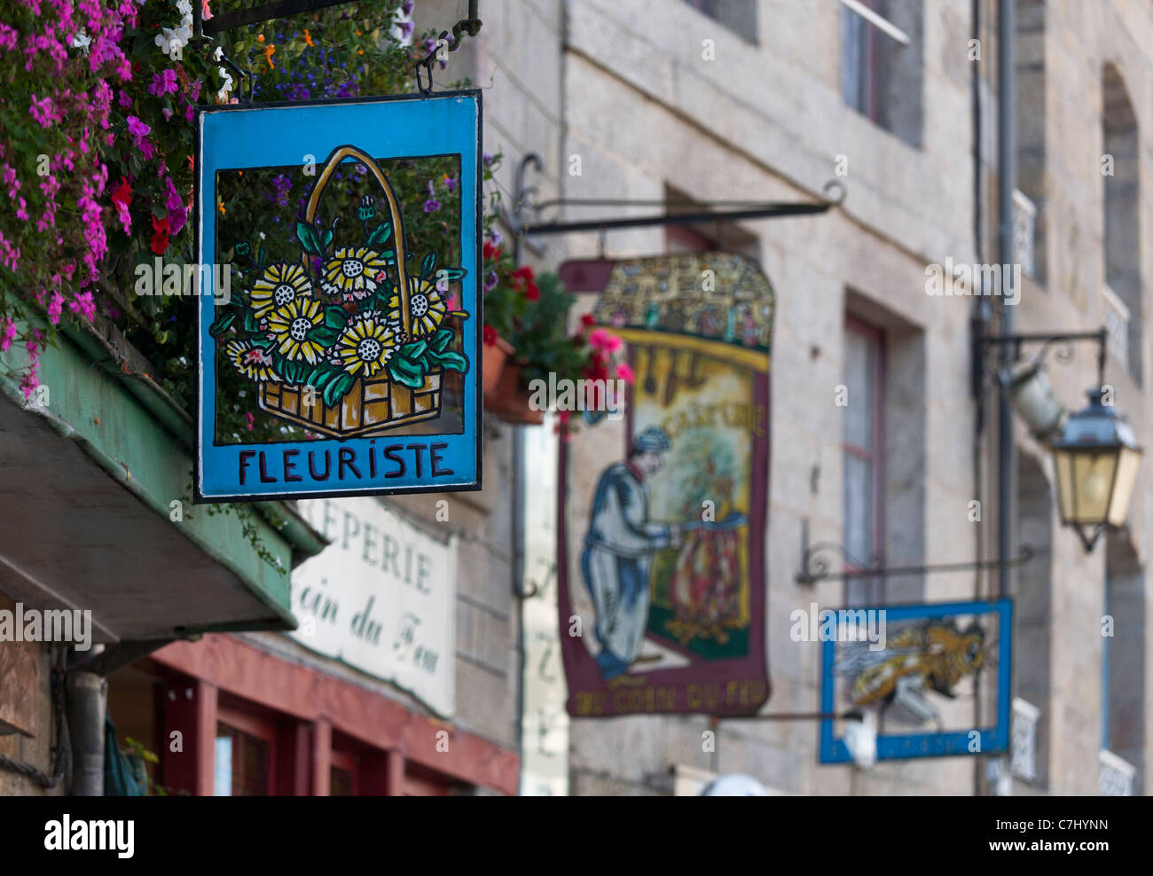 Shop signs at Moncontour, Brittany, France Stock Photo