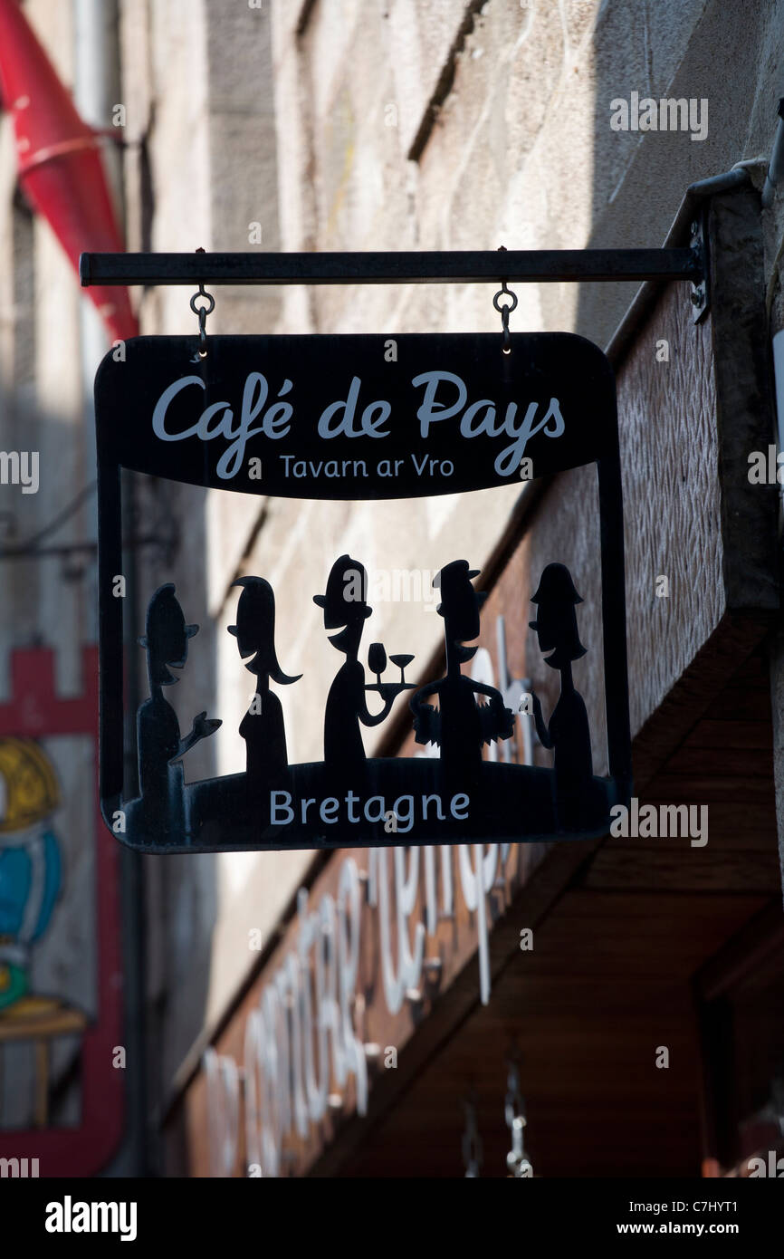 Café sign at Moncontour, Brittany, France Stock Photo